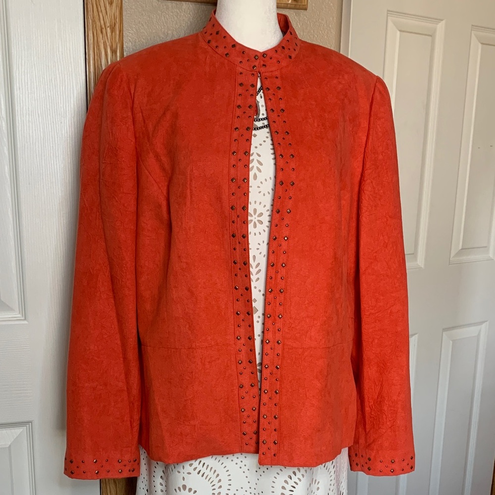 ALFRED DUNNER Bright Orange Long Sleeve Collarless Faux Suede Studded Jacket
